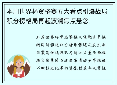 本周世界杯资格赛五大看点引爆战局积分榜格局再起波澜焦点悬念